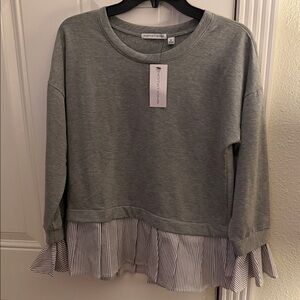 Notations Light Gray Pullover with Striped Ruffle Hem